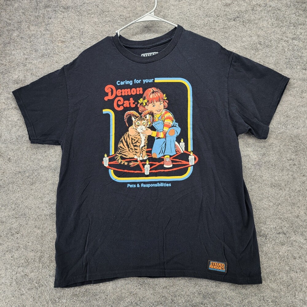 Steven Rhodes Shirt Mens Large Demon Cat Short Sleeve Black